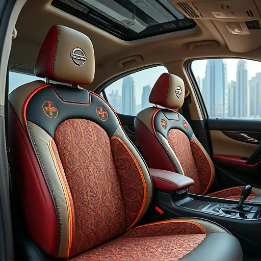 Interior view of a Nissan car with custom embroidered seats and high-quality upholstery, highlighting unique patterns and textures, with the Dubai skyline in the background.