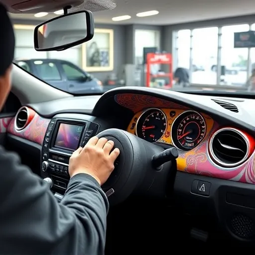 A Nissan dashboard undergoing a custom paint service in Dubai, highlighting colorful designs and a skilled artist at work.