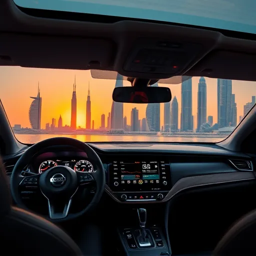 A Nissan car interior featuring a high-tech digital dashboard, highlighted by colorful graphics and smart integration, with Dubai's skyline visible through the windows.