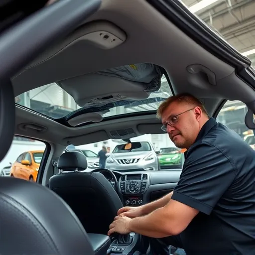 A technician repairing the headliner of a Nissan car in a well-equipped workshop, surrounded by tools and parts.