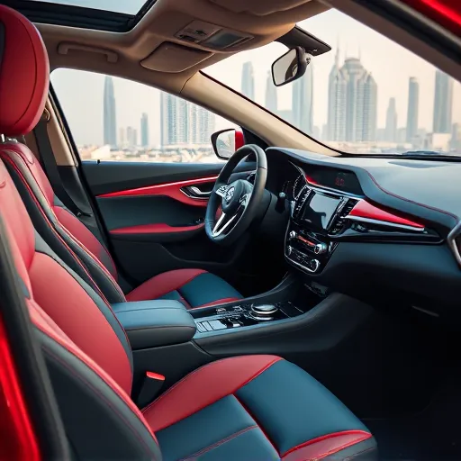 A beautifully customized Nissan car interior with colorful trim and freshly painted elements, overlooking the Dubai skyline.