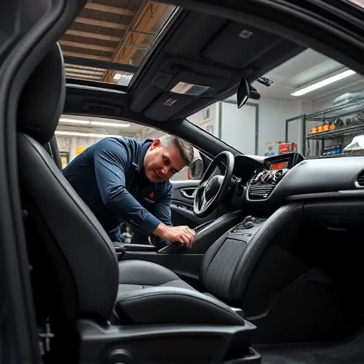 A technician restoring a Nissan car interior, focusing on seat and dashboard repairs in a modern workshop environment.