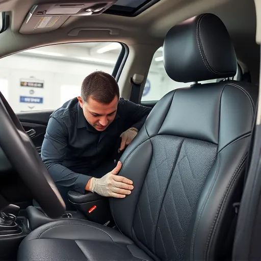 A technician performing leather repair on a Nissan car seat in a professional workshop in Dubai, highlighting detailed craftsmanship.