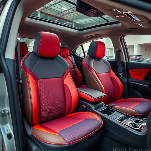 Interior view of a Nissan car with newly replaced seat covers and upholstery, highlighting the quality and design, set in a Dubai workshop.