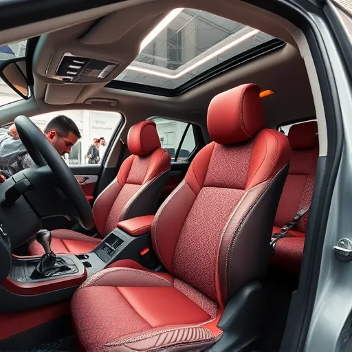 A Nissan car interior undergoing upholstery repair and customization in a Dubai workshop, featuring skilled artisans and high-quality materials.