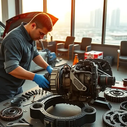 A mechanic performing clutch replacement on a Nissan vehicle in a Dubai workshop, surrounded by automotive tools and parts, with the city skyline in the background.