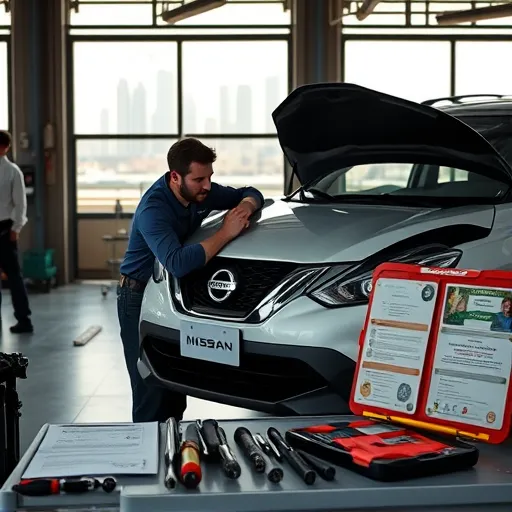 A mechanic conducting an extended warranty vehicle inspection on a Nissan car in Dubai, surrounded by automotive tools and certification documents.