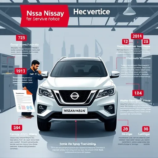 An infographic depicting a Nissan vehicle being serviced in a Dubai workshop, featuring service history documents and a mechanic, with Dubai landmarks in the background.