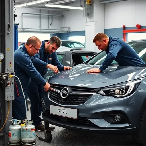 Opel AC Repair Services in Dubai featuring skilled technicians working on an air conditioning system in a modern auto repair workshop.