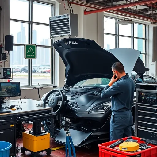 A technician in a Dubai automotive workshop performing air conditioning regas service on an Opel vehicle.