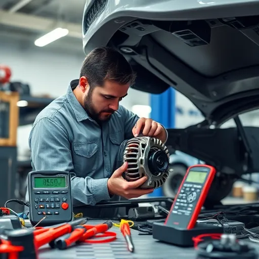 A mechanic performing an alternator replacement and charging check on an Opel vehicle in Dubai's garage, showcasing tools and equipment.