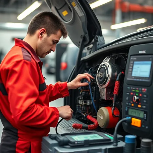 Technician performing electrical repairs on an Opel vehicle in a professional workshop.