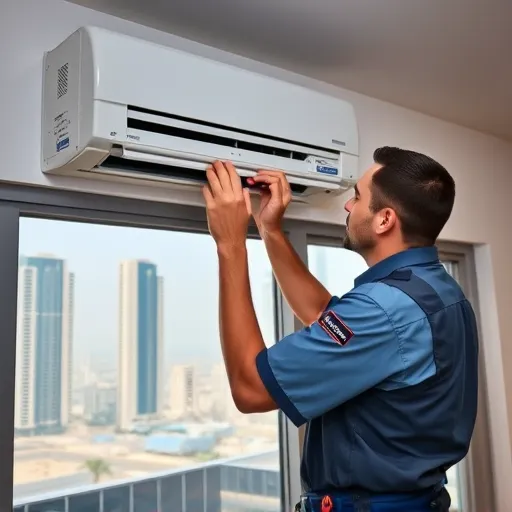 A technician performing air conditioning repair in a Dubai home, with the city's skyline visible behind him, highlighting HVAC expertise.