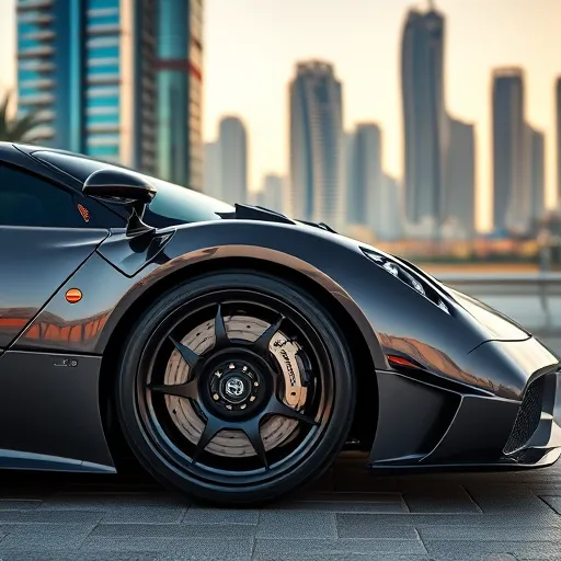 A Pagani sports car in Dubai, highlighting its advanced brake pads against a stunning city backdrop.