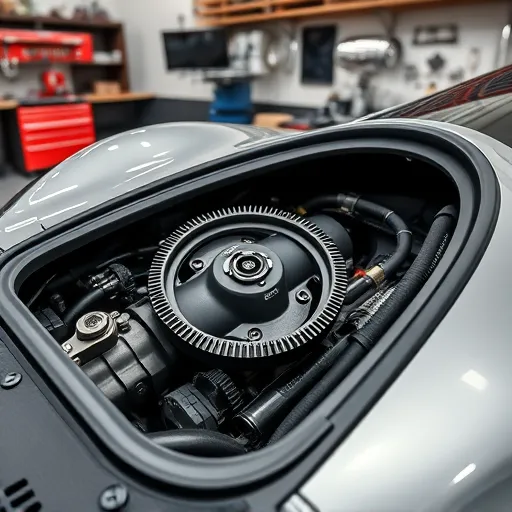 Close-up view of a Pagani car's engine with a focus on the timing belt, set in a Dubai luxury car service workshop.