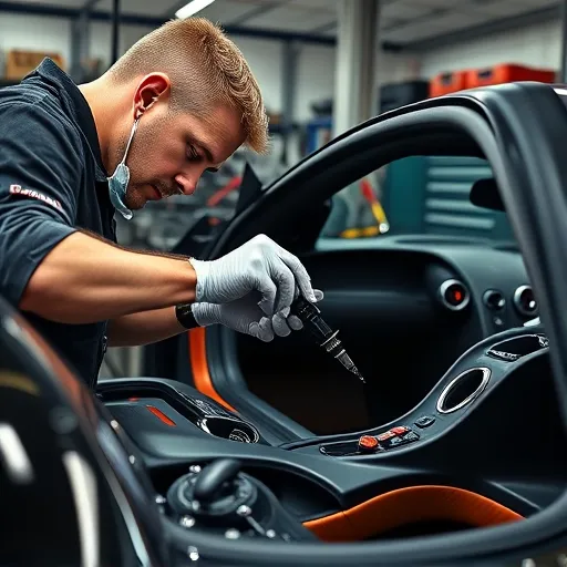 A technician cleaning fuel injectors in a luxury Pagani sports car in a modern workshop.