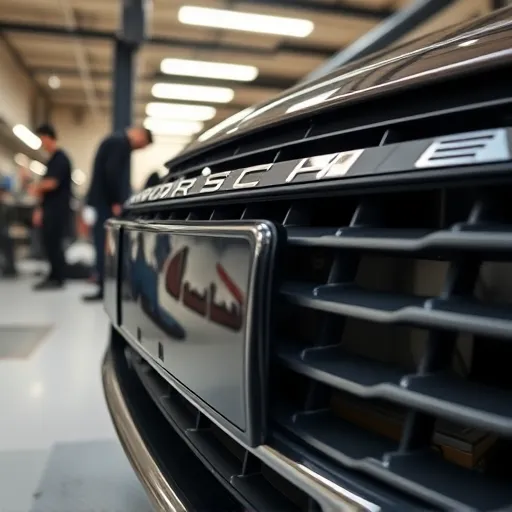 A Porsche grille undergoing repair in a Dubai auto workshop, with tools and replacement parts visible, emphasizing the intricacy of the work.