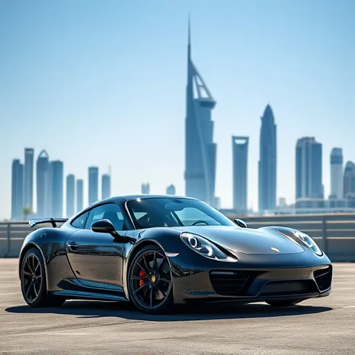 A Porsche car undergoing hail damage repair in Dubai, set against a backdrop of modern architecture.