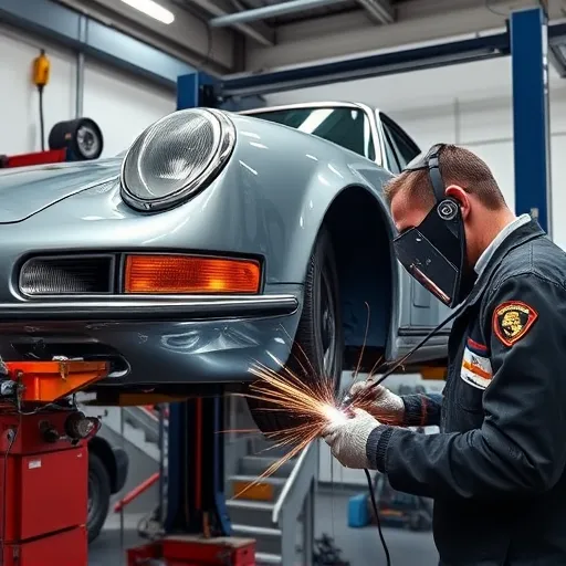 A technician repairing a Porsche rock panel with welding equipment in a well-equipped workshop.