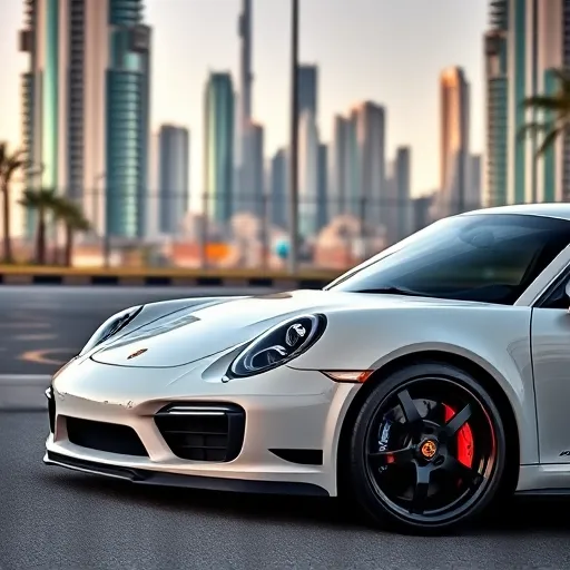 A customized Porsche with vibrant brake calipers, showcasing enhanced style and performance against the backdrop of Dubai's skyline.