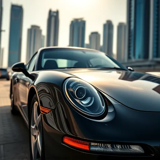 A technician polishing a shiny Porsche in a modern workshop with a view of the Dubai skyline.