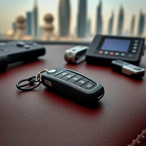 A Porsche car key with the Porsche logo, surrounded by tools and a digital programming screen in a luxury car showroom in Dubai.