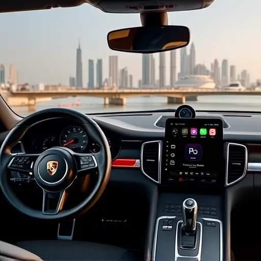 Interior view of a Porsche car featuring the CarPlay interface, with a Uconnect system, set against the iconic Dubai skyline.