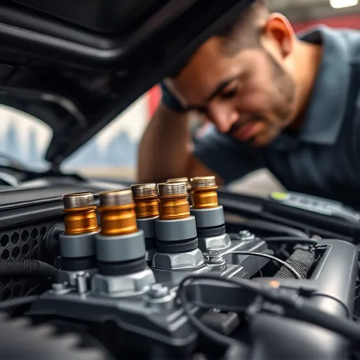 Mechanic replacing the ignition coil in a Porsche engine with automotive tools in a Dubai workshop.
