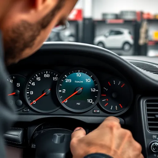 Close-up view of a Porsche instrument cluster displaying high-tech gauges and indicators, with the Dubai skyline visible in the background.