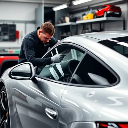 A technician working on a Porsche window mechanism and motor repair in a Dubai workshop, surrounded by tools and car parts.