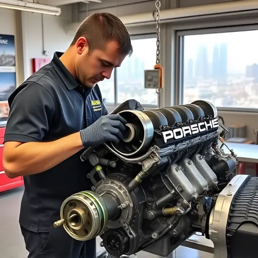 A mechanic repairing a Porsche engine, highlighting the intricate parts of cylinder repair and engine rebuilding, with Dubai's skyline in the background.