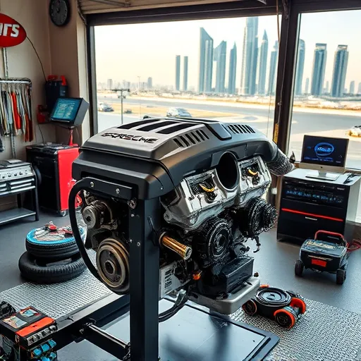 A mechanic repairing a Porsche V4 engine in a modern Dubai workshop, surrounded by tuning tools and equipment.