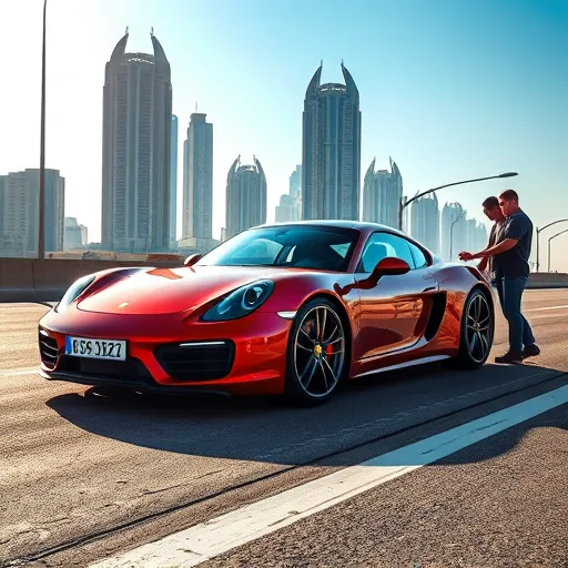 A Porsche car parked on the roadside in Dubai with a car recovery service in the background, highlighting the city's skyline.