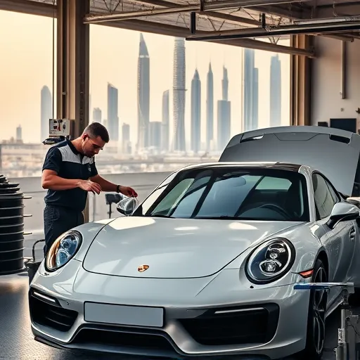 Porsche being serviced by specialized mechanics in a modern repair workshop in Dubai, showcasing expert care and high-quality tools.