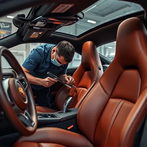 Technician performing leather repair on a Porsche interior, surrounded by tools in a Dubai workshop, emphasizing quality upholstery service.