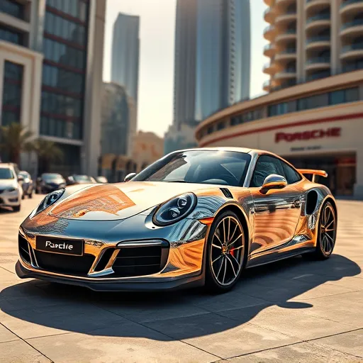 A shiny Porsche with chrome paint and mirror finish parked in Dubai, with tall city buildings reflecting on its surface.
