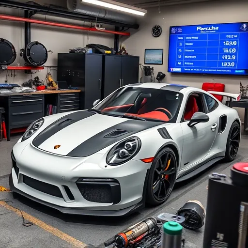 A Porsche sports car undergoing turbo kit installation and custom tuning in a modern garage in Dubai, with a mechanic working on the engine.