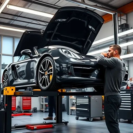 A technician performing steering box repair on a Porsche in a modern workshop setting.
