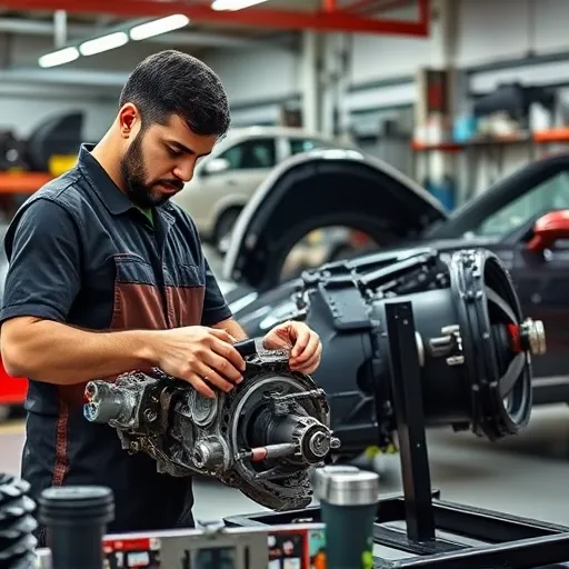 Mechanic repairing a Porsche gearbox in a Dubai auto shop, surrounded by tools and parts, with the Dubai skyline in the background.