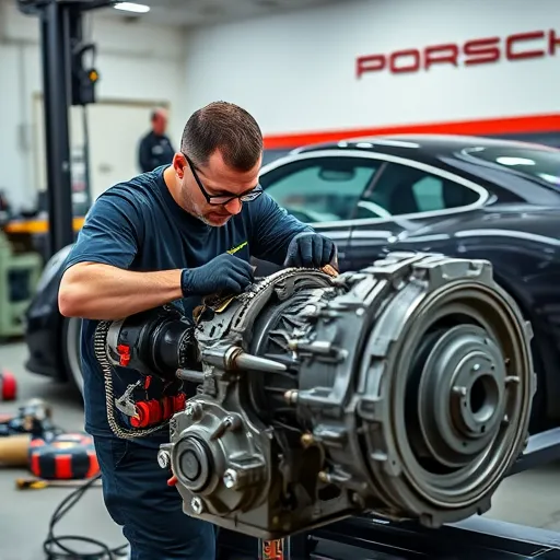A mechanic examining a Porsche gearbox in a professional repair shop, surrounded by tools and parts, highlighting Porsche gearbox repair and rebuild services.