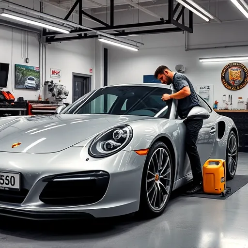 A mechanic changing the transmission oil of a Porsche in a Dubai garage, with skyscrapers visible in the background.