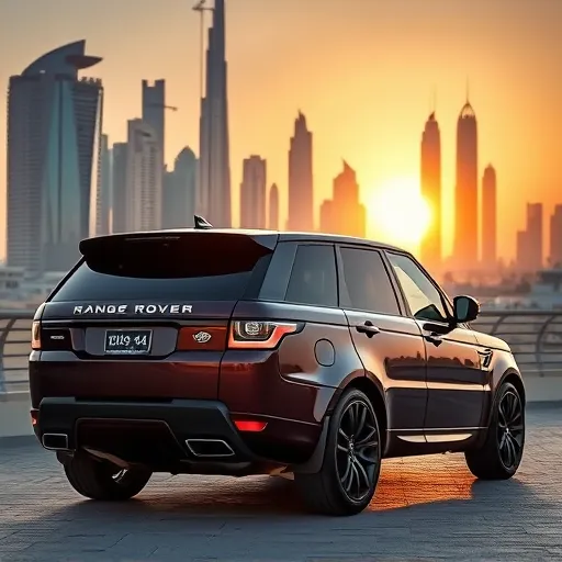 A custom Range Rover with a stylish spoiler installed, set against the backdrop of Dubai's skyline during sunset.
