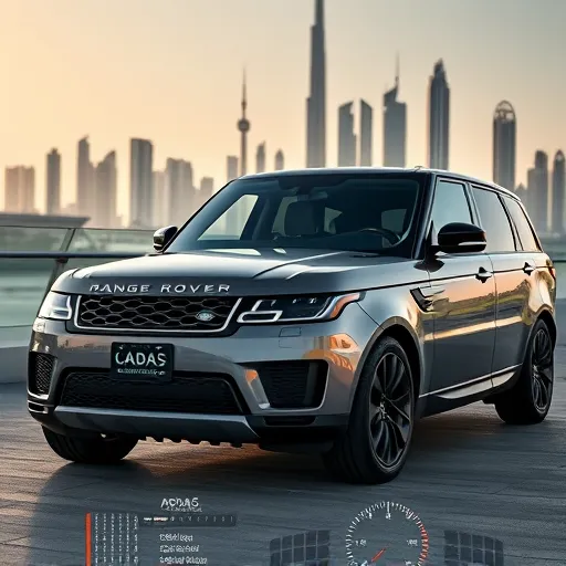 A stylish Range Rover in Dubai with a digital screen displaying ADAS calibration settings, surrounded by the iconic Dubai skyline.