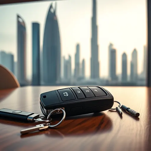 A luxurious Range Rover key fob displayed on a wooden table with the Dubai skyline in the background, showcasing a blend of sophistication and advanced technology.
