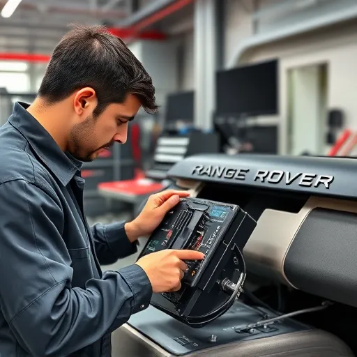 A technician repairing and programming the ECU of a Range Rover in a high-tech Dubai workshop, emphasizing precision and expertise in automotive electronics.