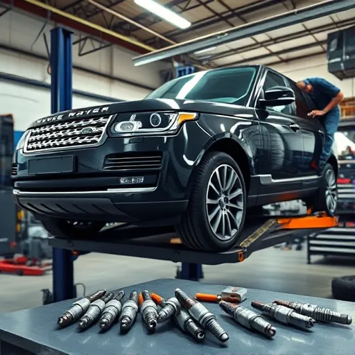 A mechanic replacing spark plugs in a luxury Range Rover in a well-equipped workshop.