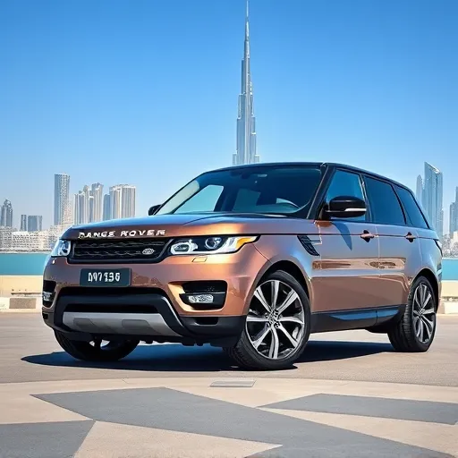 A Range Rover with shiny new wiper blades parked in front of the Burj Khalifa in Dubai, highlighting the vehicle's elegance and maintenance.