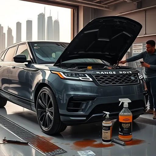 A mechanic cleaning the engine of a Range Rover in a Dubai garage, emphasizing the process of removing oil sludge and performing internal engine cleaning.
