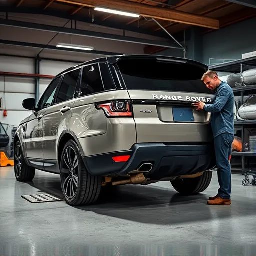 A mechanic working on a Range Rover's exhaust pipe replacement in a modern workshop.