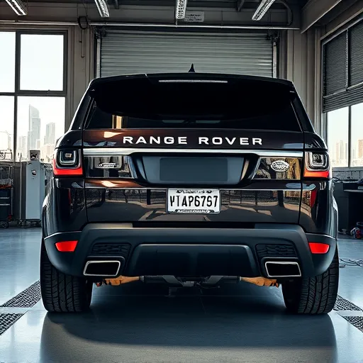 A Range Rover Sport being fitted with a new exhaust system in a Dubai workshop, featuring advanced tuning equipment and a view of the city skyline.